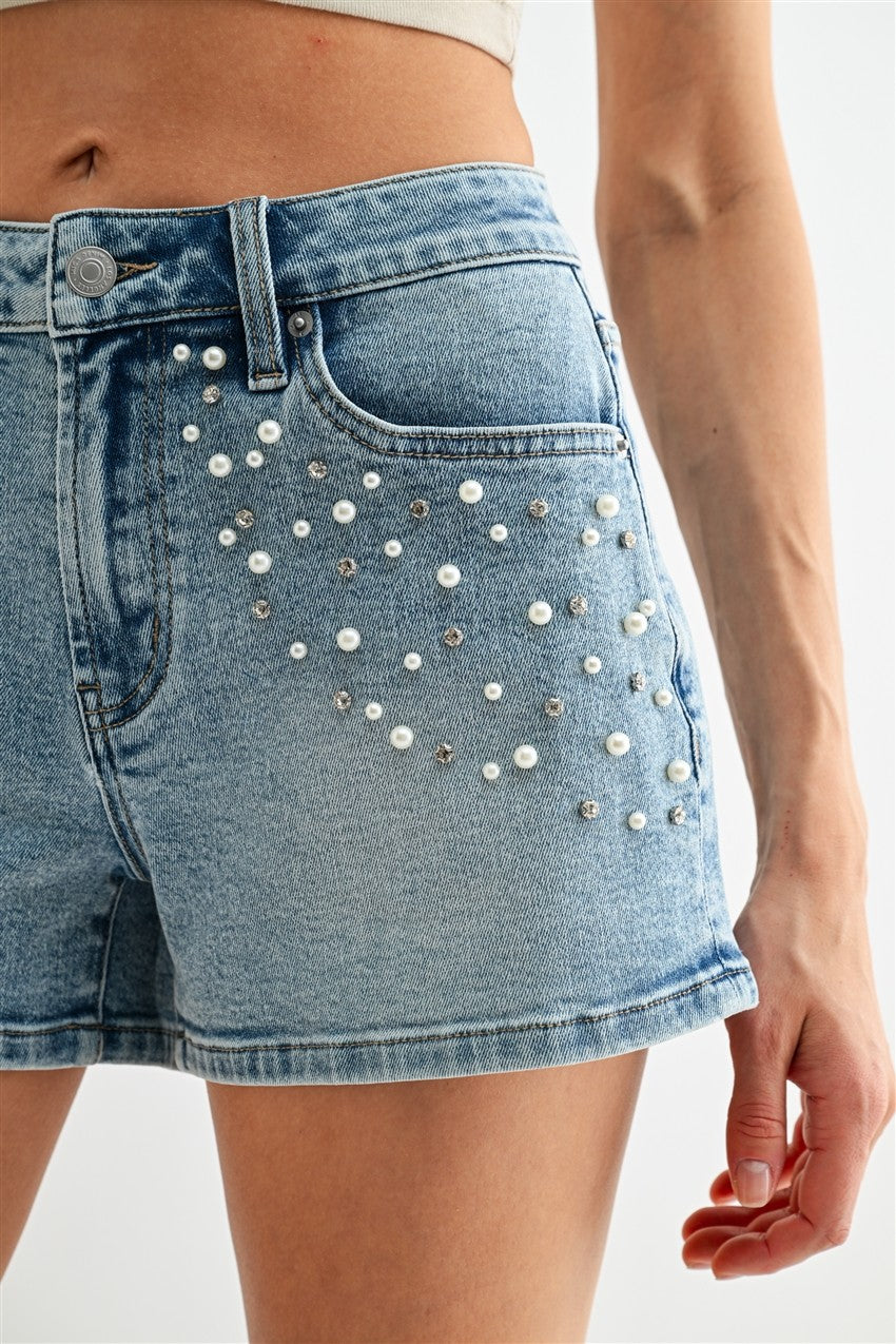 High-Rise Embellished Denim Shorts