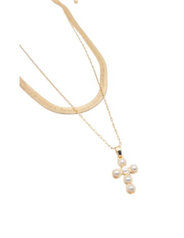 Pearl Cross and Snake Chain Layered Necklace