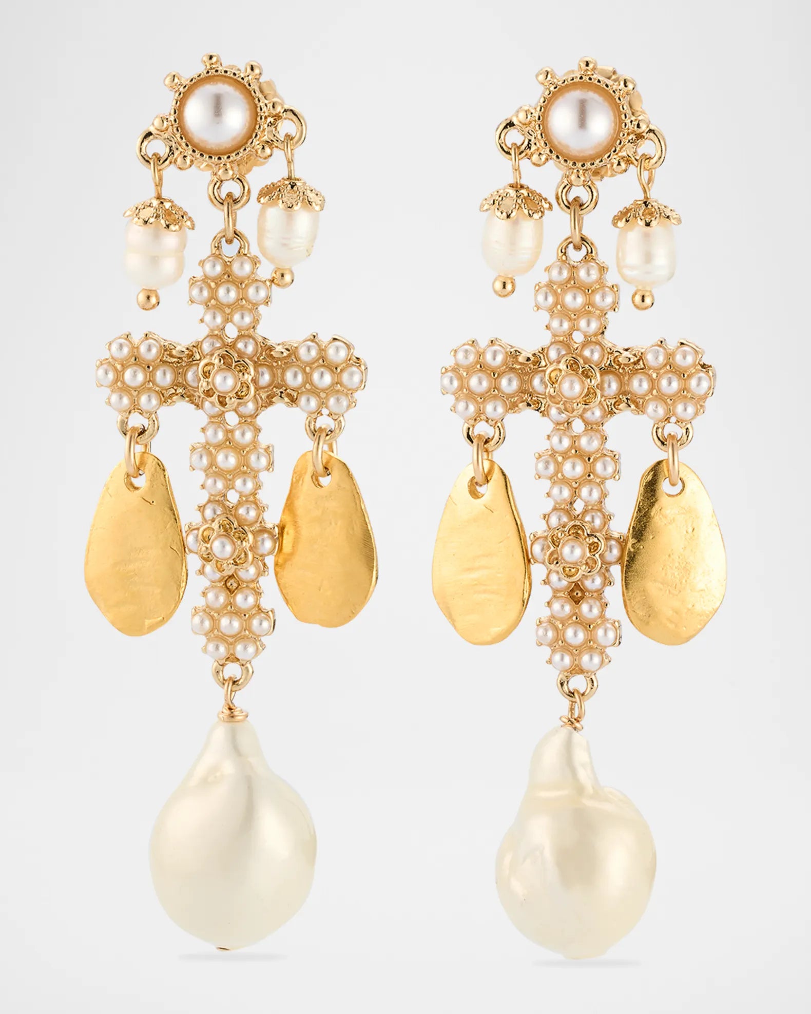 White Pearl Gold Leaf Cross Earrings
